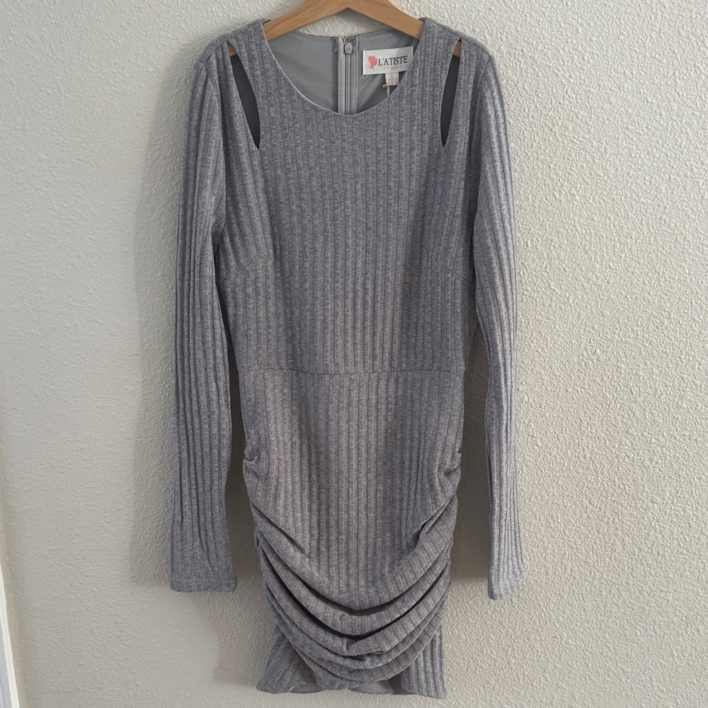L'ATISTE Silver Ribbed Long Sleeve Dress